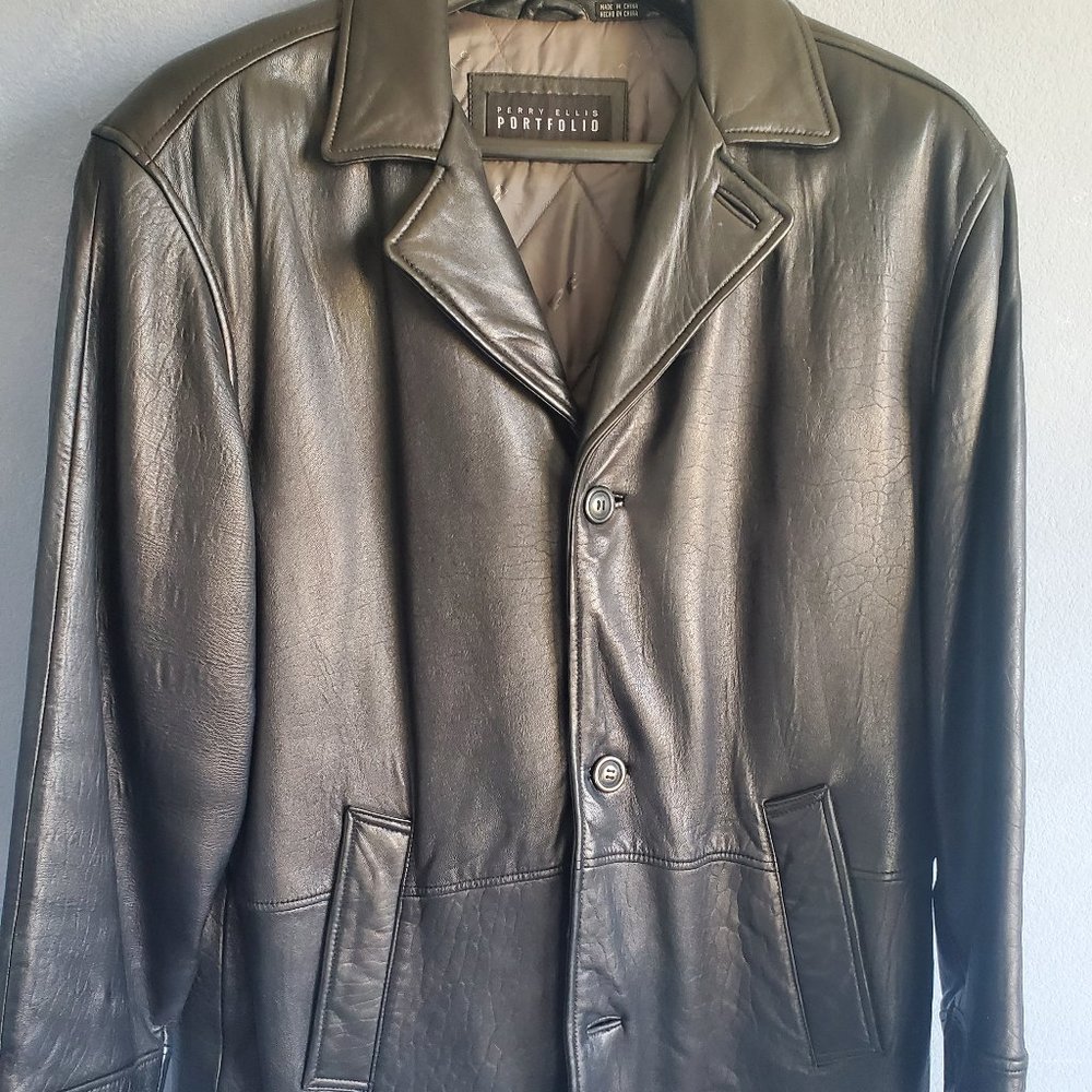 Men's Black Genuine Leather Jacket- Perry Ellis Portfolio